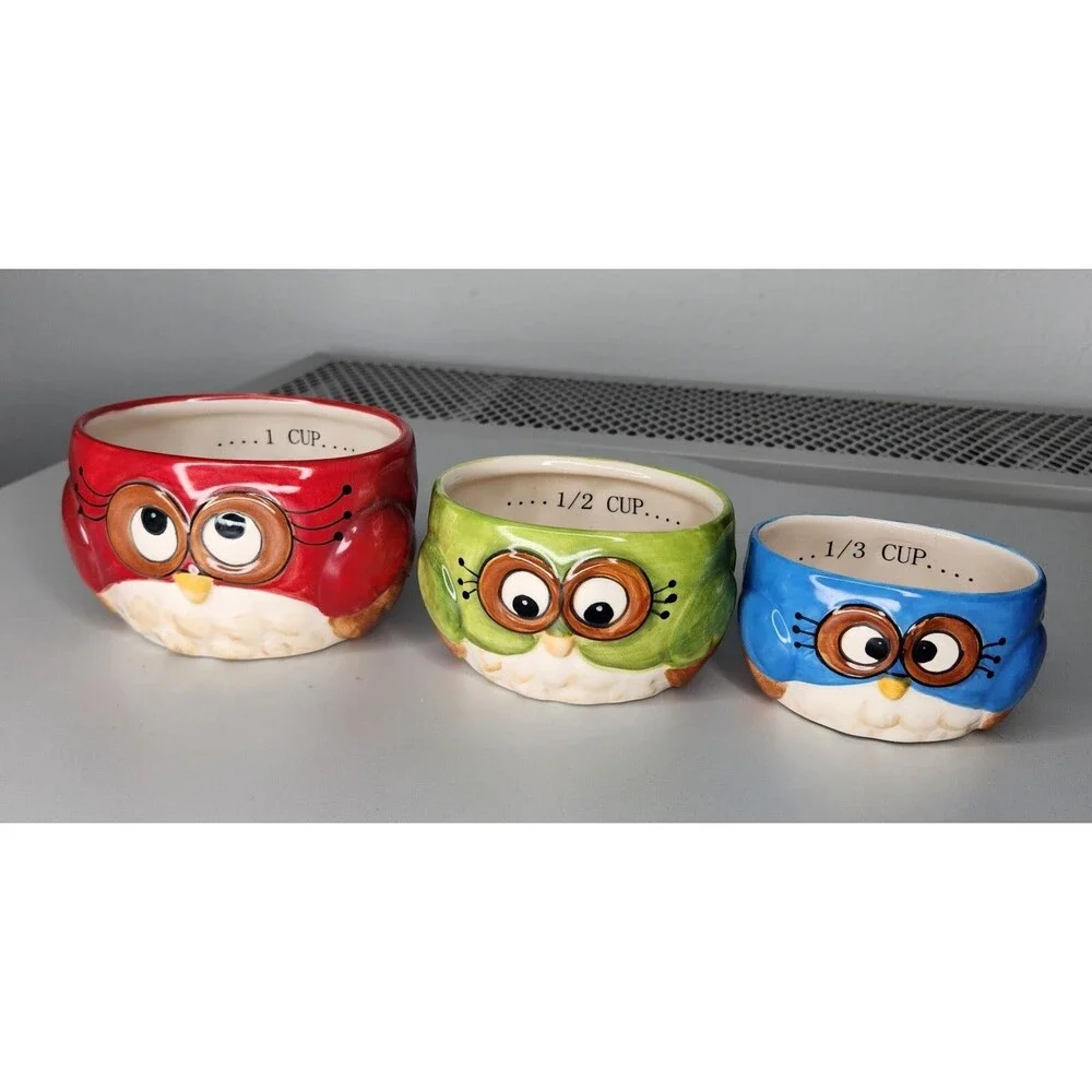Set Of 3 Laurie Furnell Painted Ceramic Owl Bird Measuring Cups Nesting Colorful